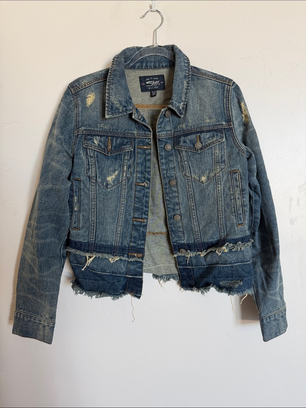 Silver Jeans Jean Jacket with Contrast Stitching Distressed Denim Button Front